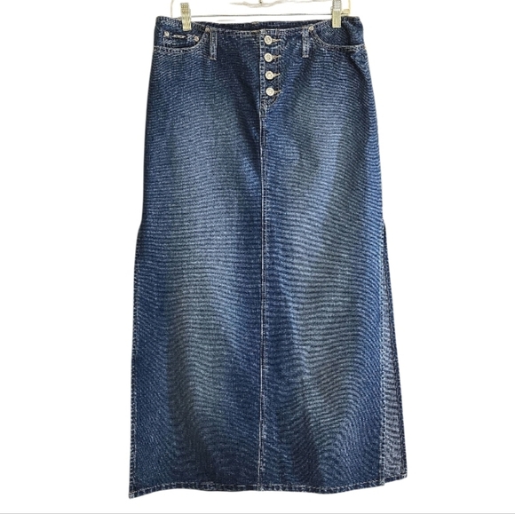 Vintage Dresses & Skirts - Vintage 90s Y2K Squeeze Jeans Denim Maxi Skirt 32" Waist High Side Slits